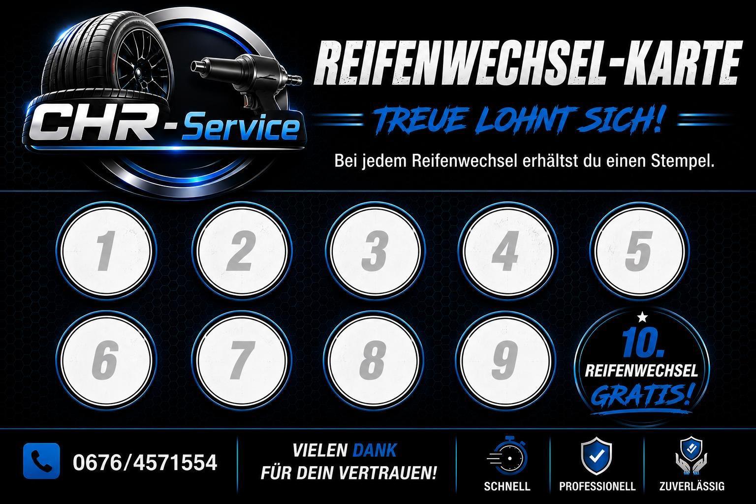CHR-Service Reifenwechsel-Karte: 10 Reifenwechsel, der 10. gratis